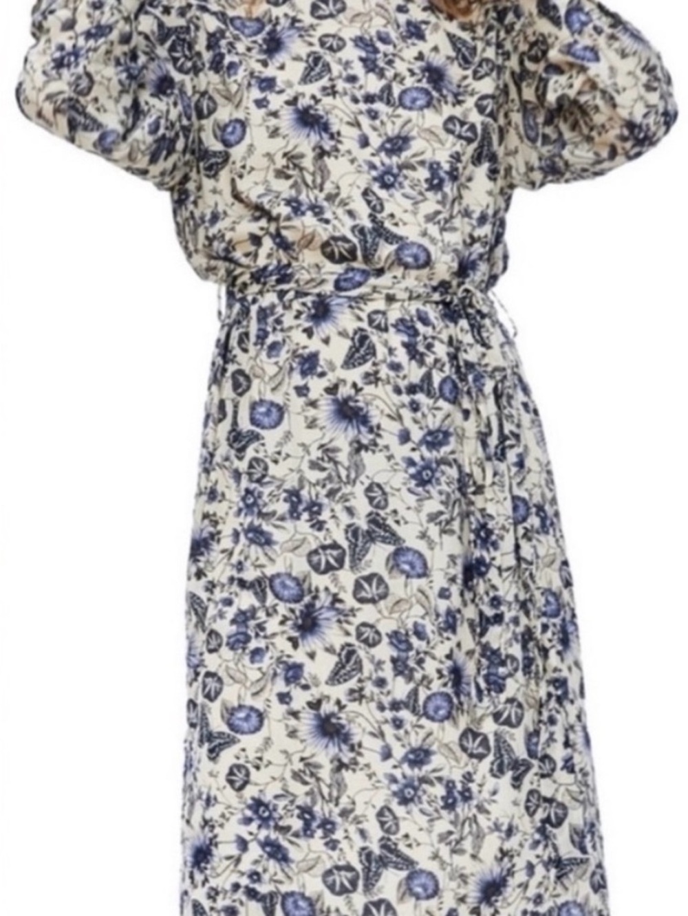 Zara Blue & White Floral Puff-Sleeve Midi Dress